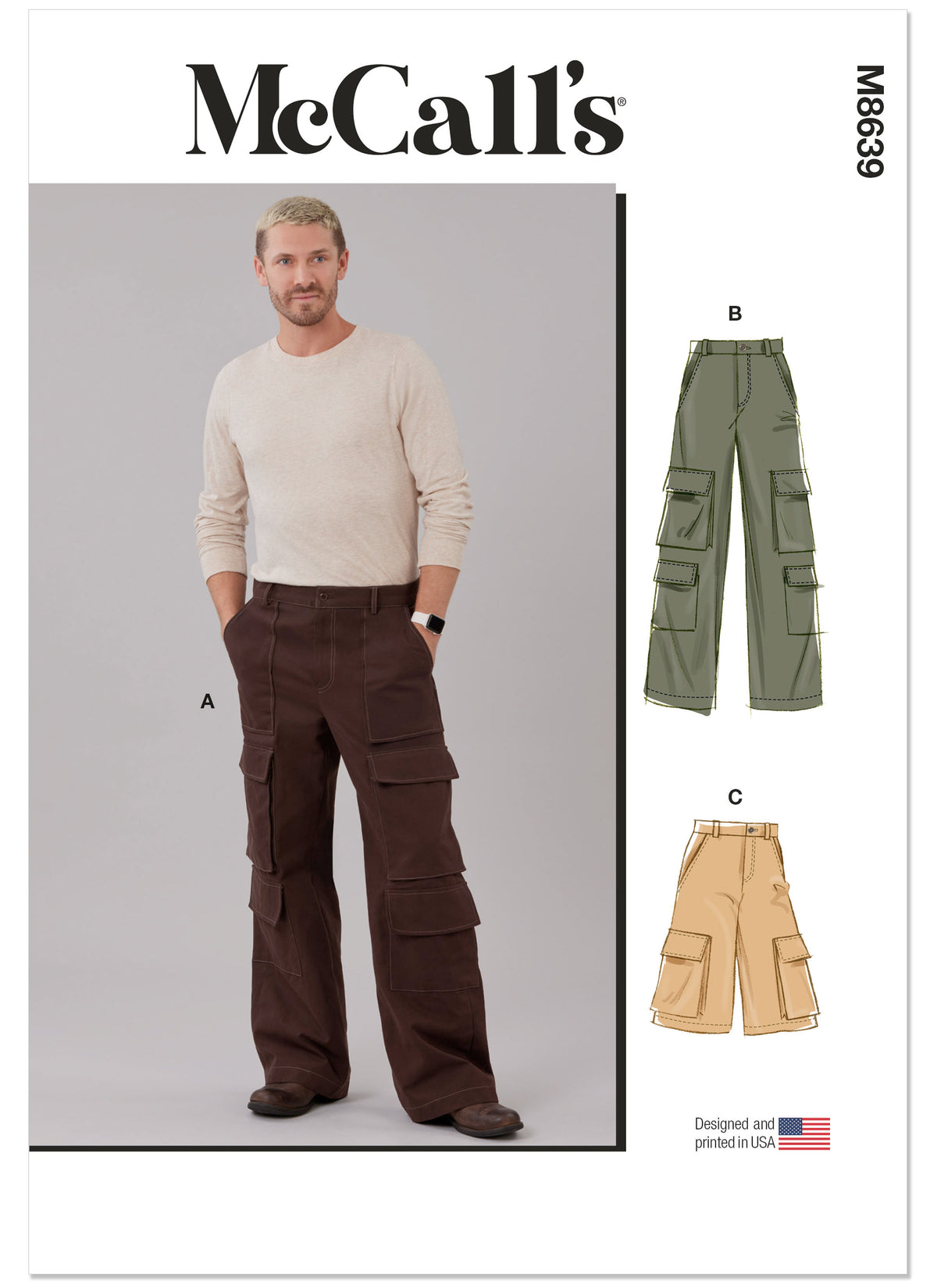 McCall's M8639 sewing pattern envelope showing loose-fitting trousers that sit 1in below the waist