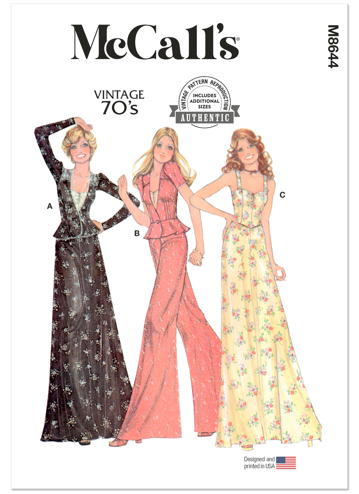 McCall's M8644 sewing pattern envelope showing a vintage 1970s McCall's wardrobe of jacket, tops, skirt and trousers