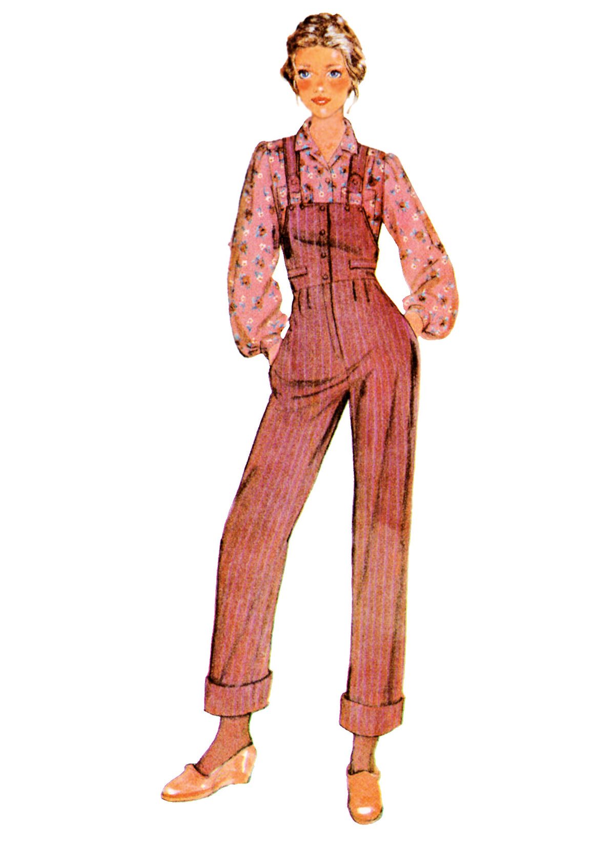 McCall's M8645 sewing pattern envelope showing vintage 1970s McCall's overalls, trousers and a blouse