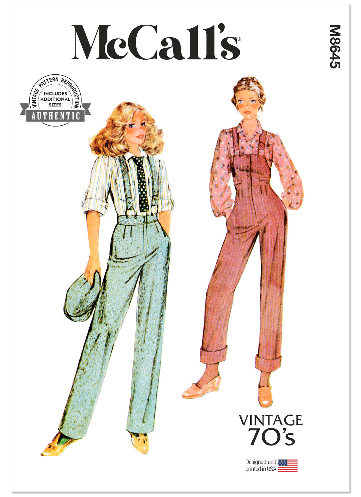 McCall's M8645 sewing pattern envelope showing vintage 1970s McCall's overalls, trousers and a blouse