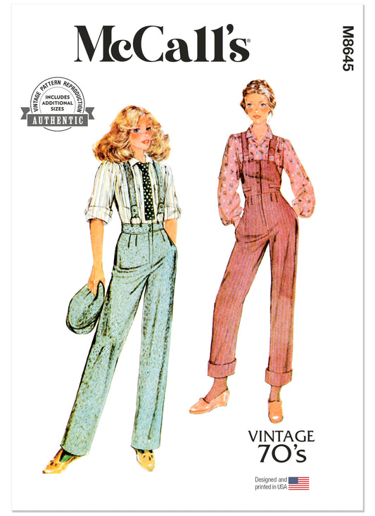 McCall's M8645 sewing pattern envelope showing vintage 1970s McCall's overalls, trousers and a blouse