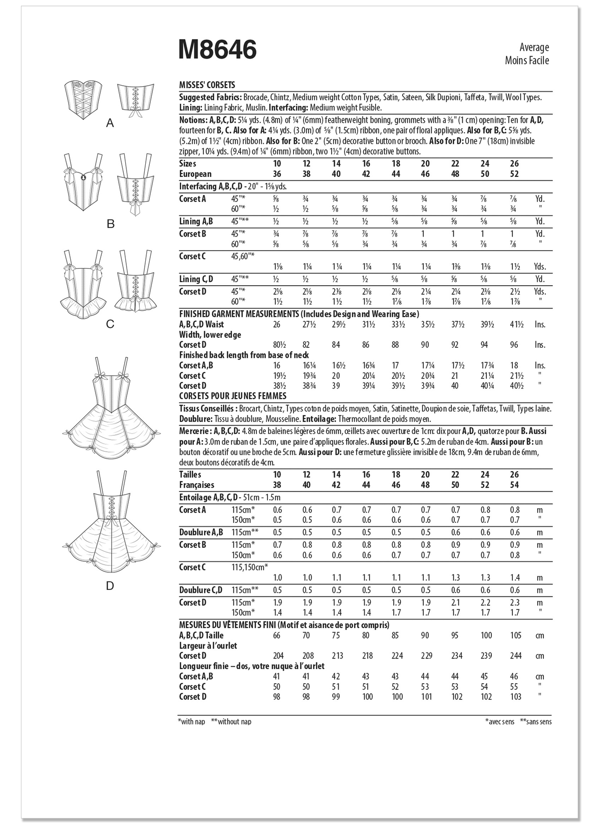 McCall's M8646 sewing pattern envelope showing lined, boned corsets