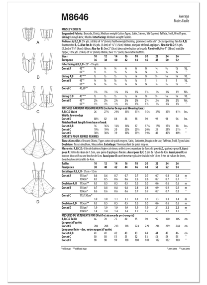 McCall's M8646 sewing pattern envelope showing lined, boned corsets