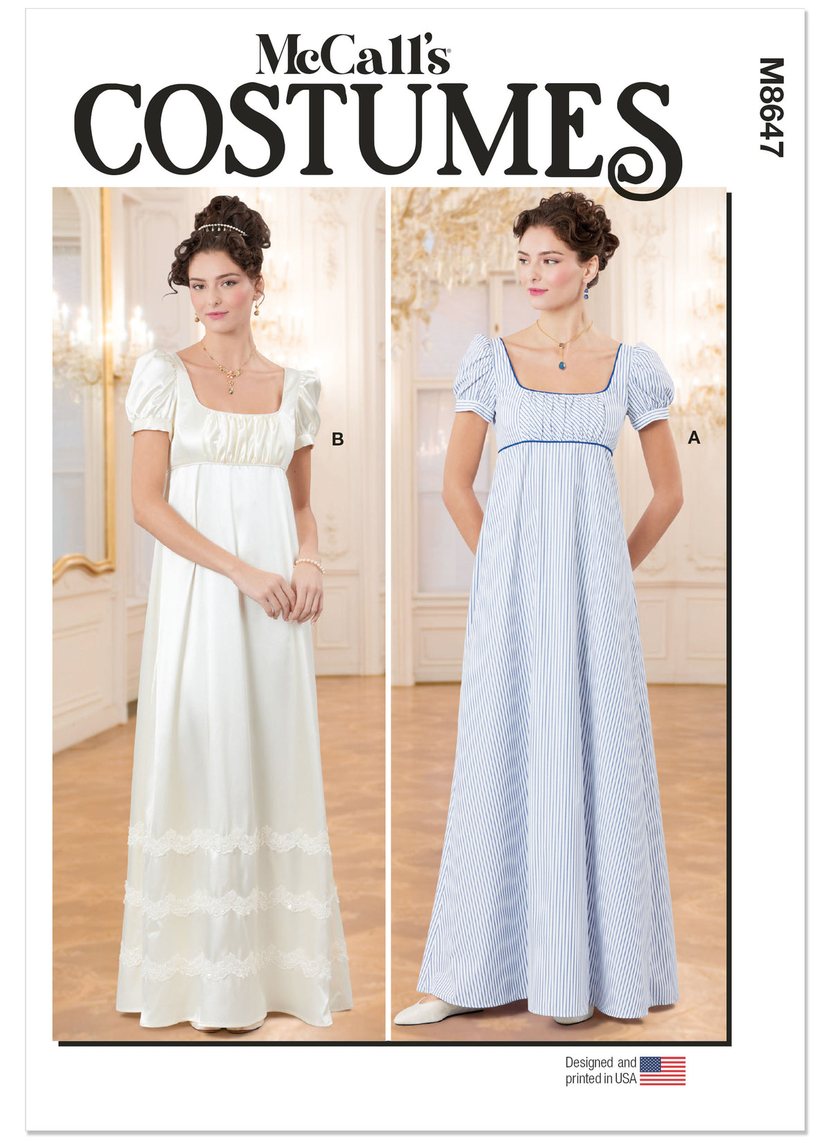 McCall's M8647 sewing pattern envelope showing Regency-inspired gowns