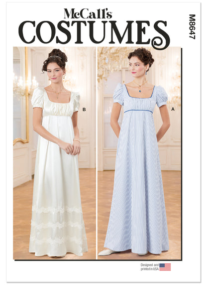 McCall's M8647 sewing pattern envelope showing Regency-inspired gowns