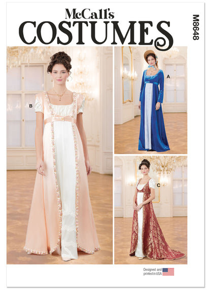 McCall's M8648 sewing pattern envelope showing regency-style coat and robe designs