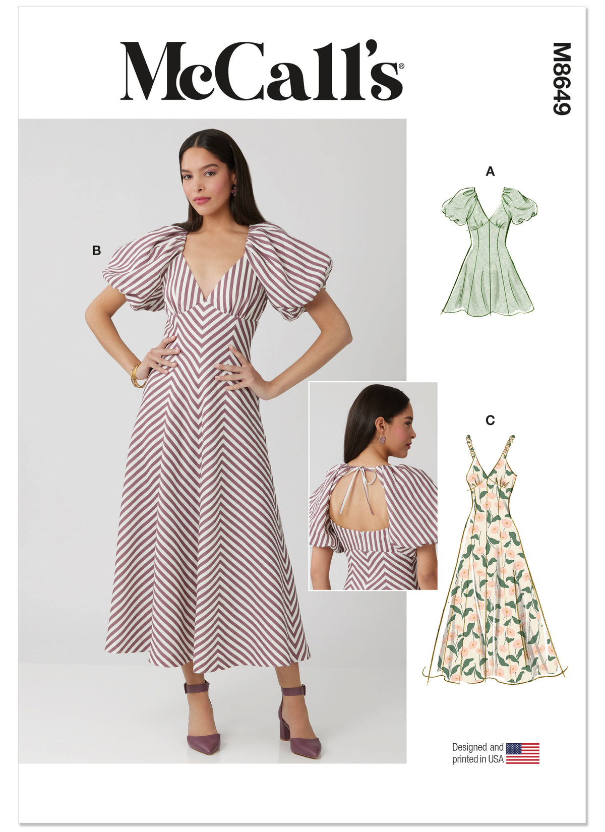 McCall's M8649 sewing pattern envelope showing fit and flare dress designs