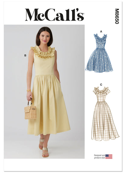 McCall's M8650 sewing pattern envelope showing princess seam dress designs