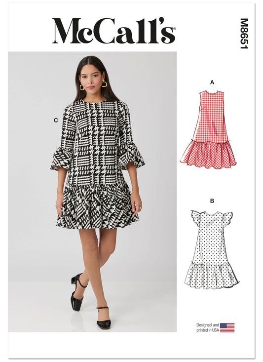 McCall's M8651 sewing pattern envelope showing drop-waist mini dress designs