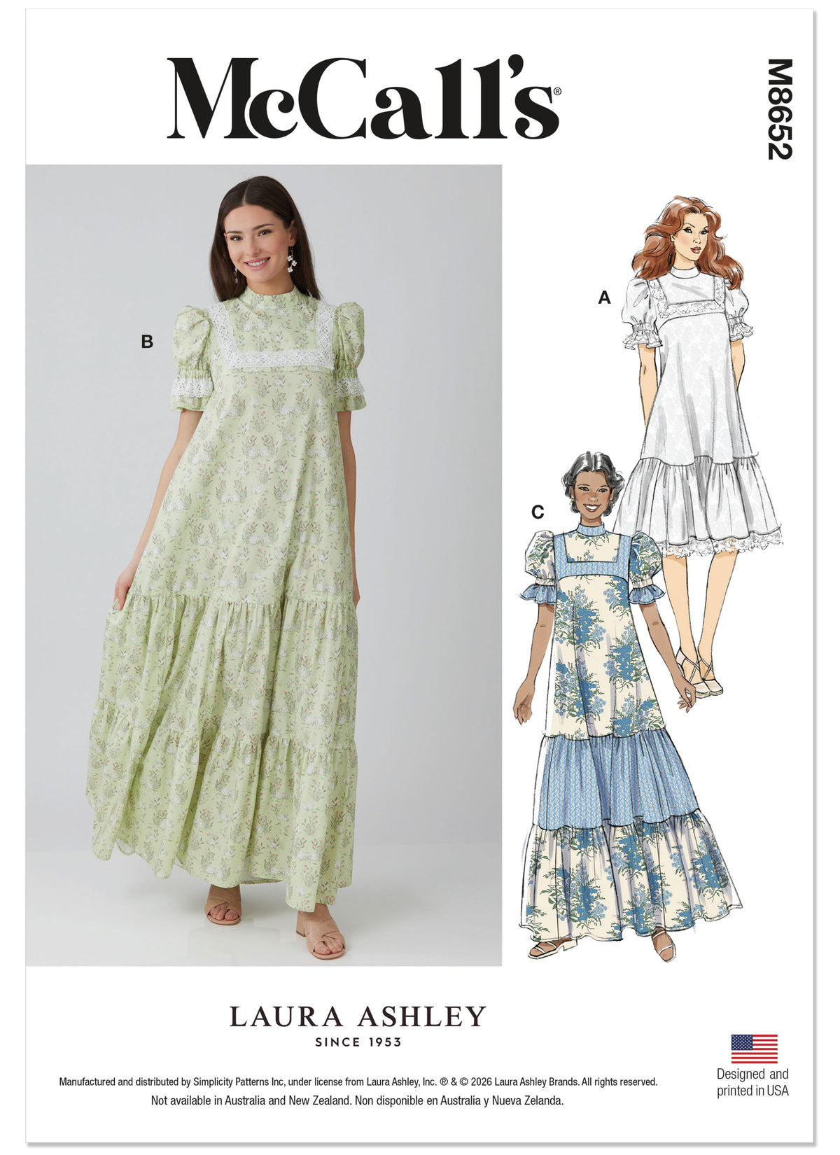 McCall's M8652 sewing pattern envelope showing ruffled skirt dress designs
