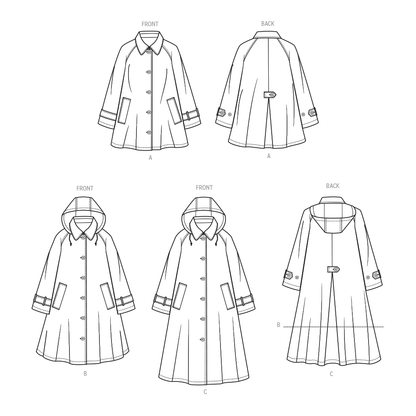 McCall's M8655 sewing pattern envelope showing swing trench coat designs