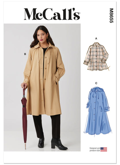 McCall's M8655 sewing pattern envelope showing swing trench coat designs