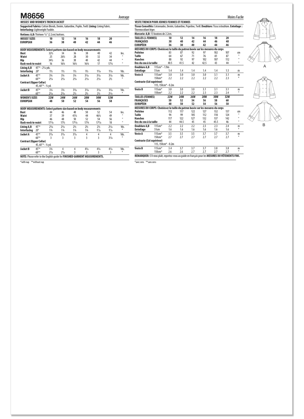 McCall's M8656 sewing pattern envelope showing cropped trench jacket designs