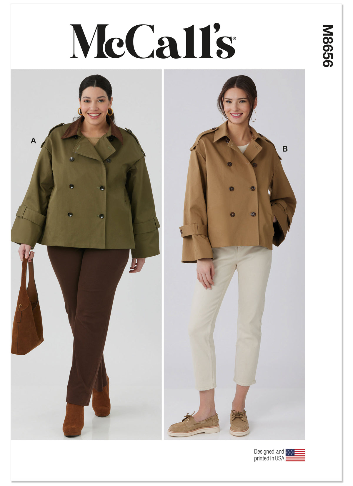 McCall's M8656 sewing pattern envelope showing cropped trench jacket designs