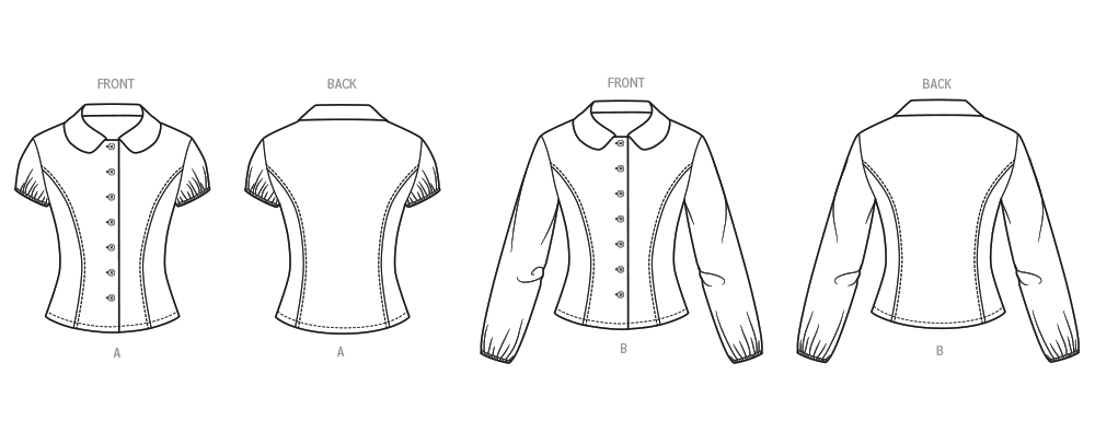 McCall's M8657 sewing pattern envelope showing peter pan collar knit top designs
