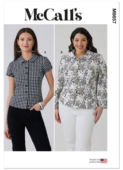 McCall's M8657 sewing pattern envelope showing peter pan collar knit top designs