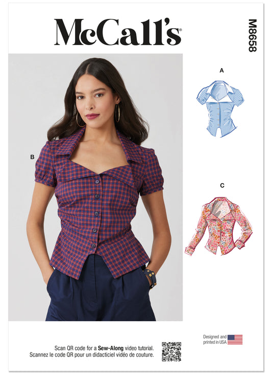 McCall's M8658 sewing pattern envelope showing sweetheart neckline top designs