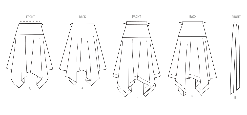 McCall's M8659 sewing pattern envelope showing handkerchief hem skirt designs
