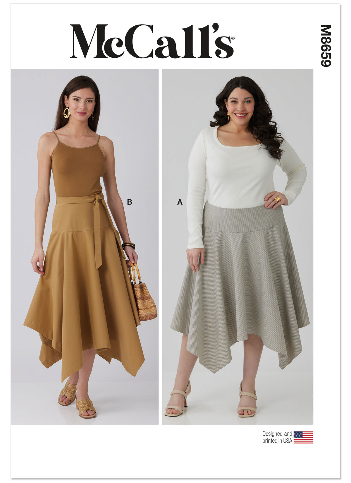 McCall's M8659 sewing pattern envelope showing handkerchief hem skirt designs