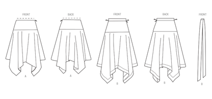 McCall's M8659 sewing pattern envelope showing handkerchief hem skirt designs