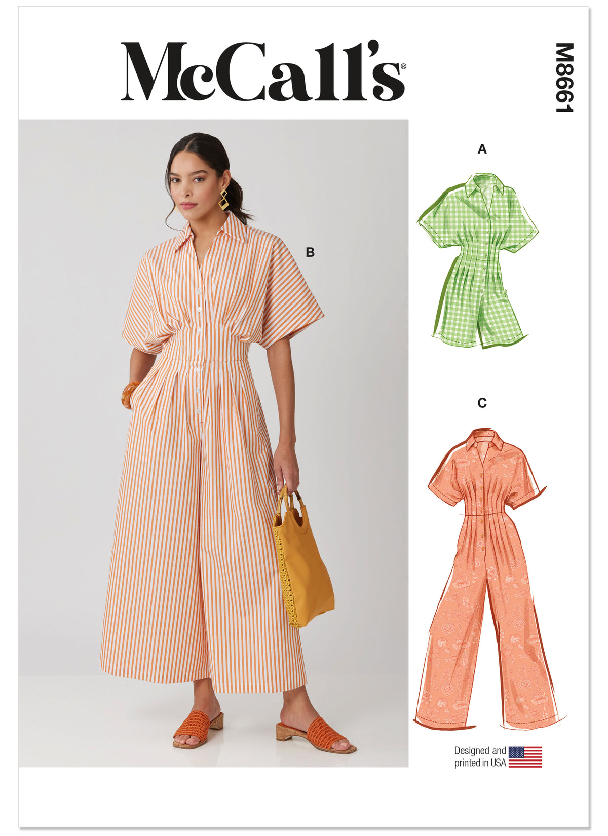 McCall's M8661 sewing pattern envelope showing button-front jumpsuit designs
