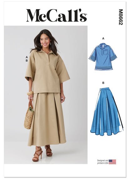 McCall's M8662 sewing pattern envelope showing oversized collared top designs