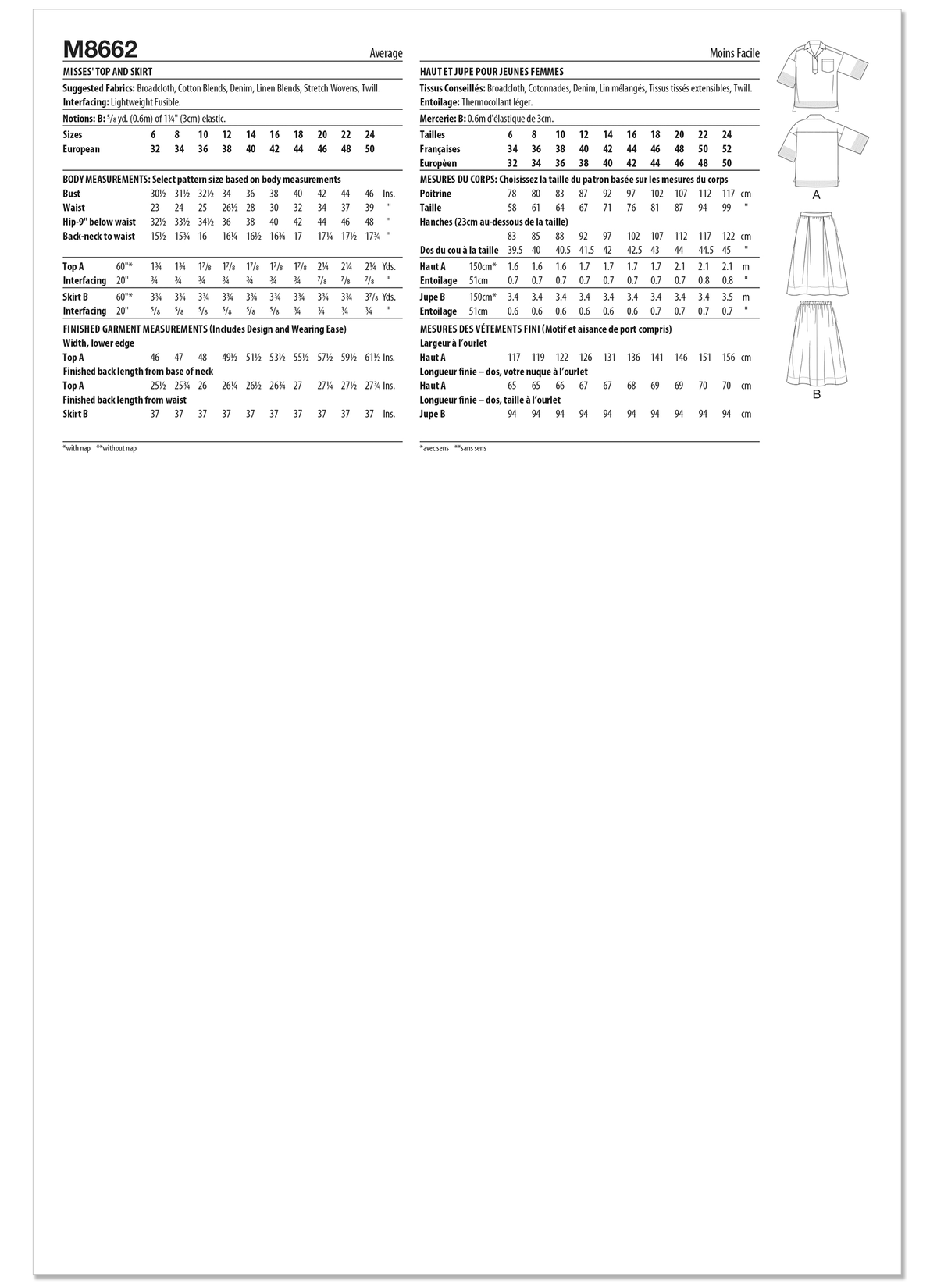 McCall's M8662 sewing pattern envelope showing oversized collared top designs