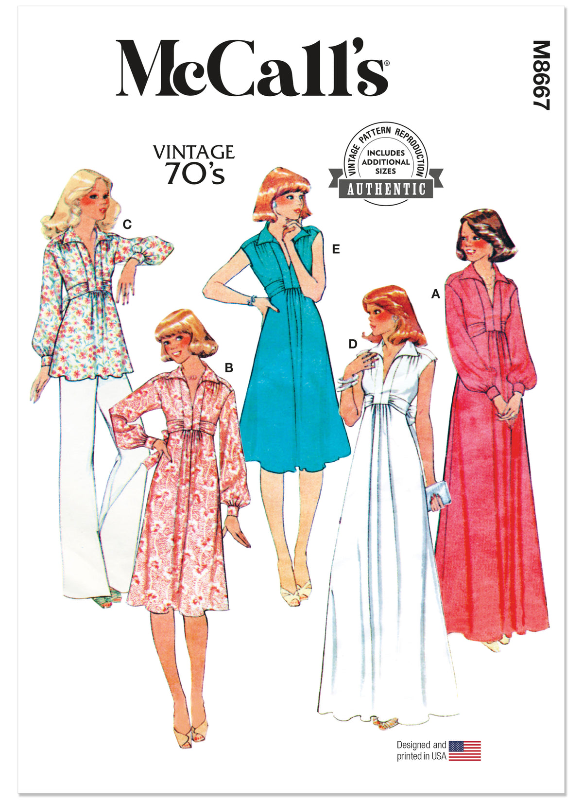 McCall's M8667 sewing pattern envelope showing vintage 1970s dress and top designs