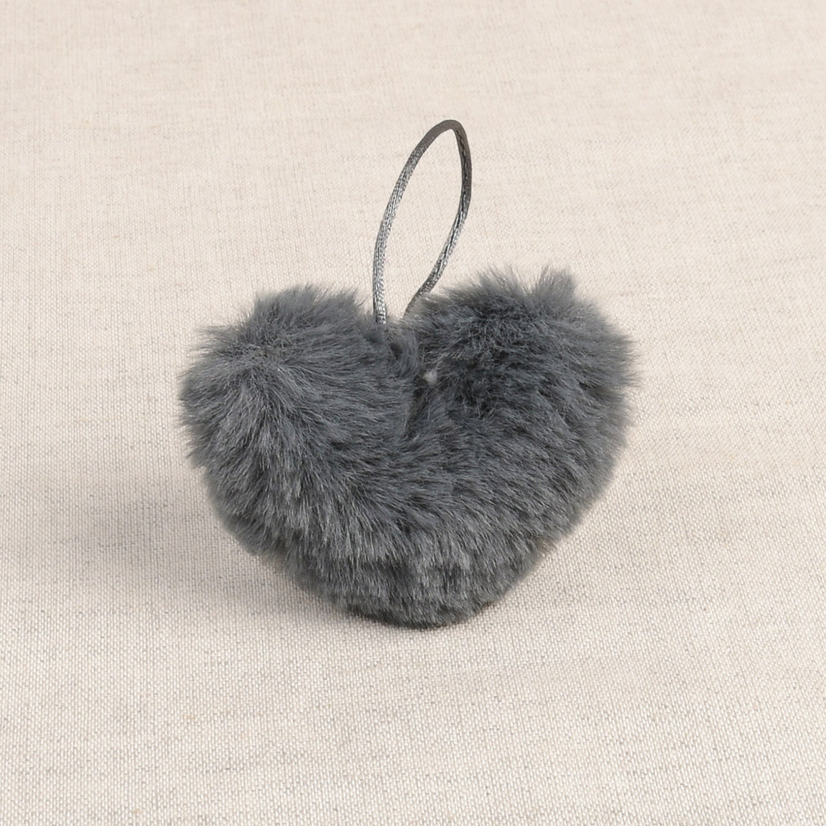 Dark Grey faux fur heart-shaped pom pom with loop