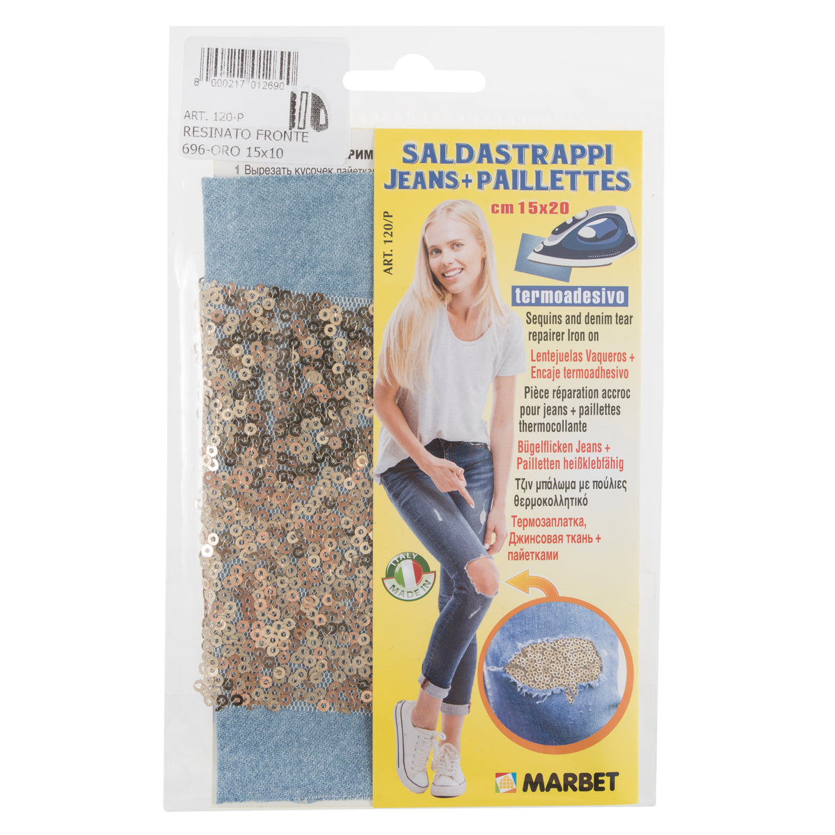 Light Blue & Gold denim iron-on patch with sequins detail
