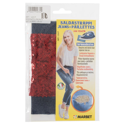 Blue & Red denim iron-on patch with sequins detail