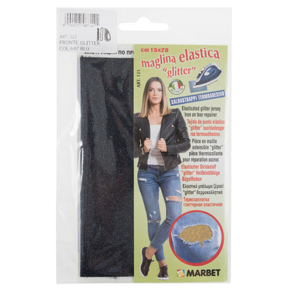 Piece of night blue glitter stretch jersey iron-on fabric
