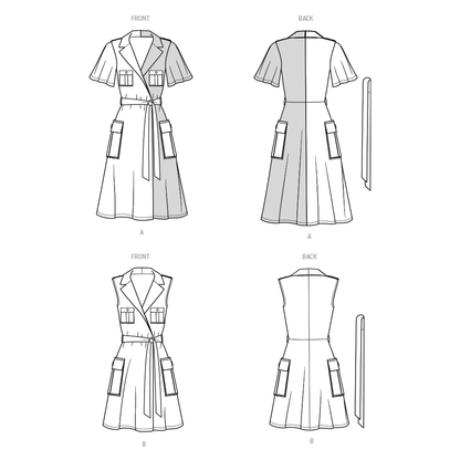 McCall's ME2020 sewing pattern envelope showing the wrap dress with belt designs