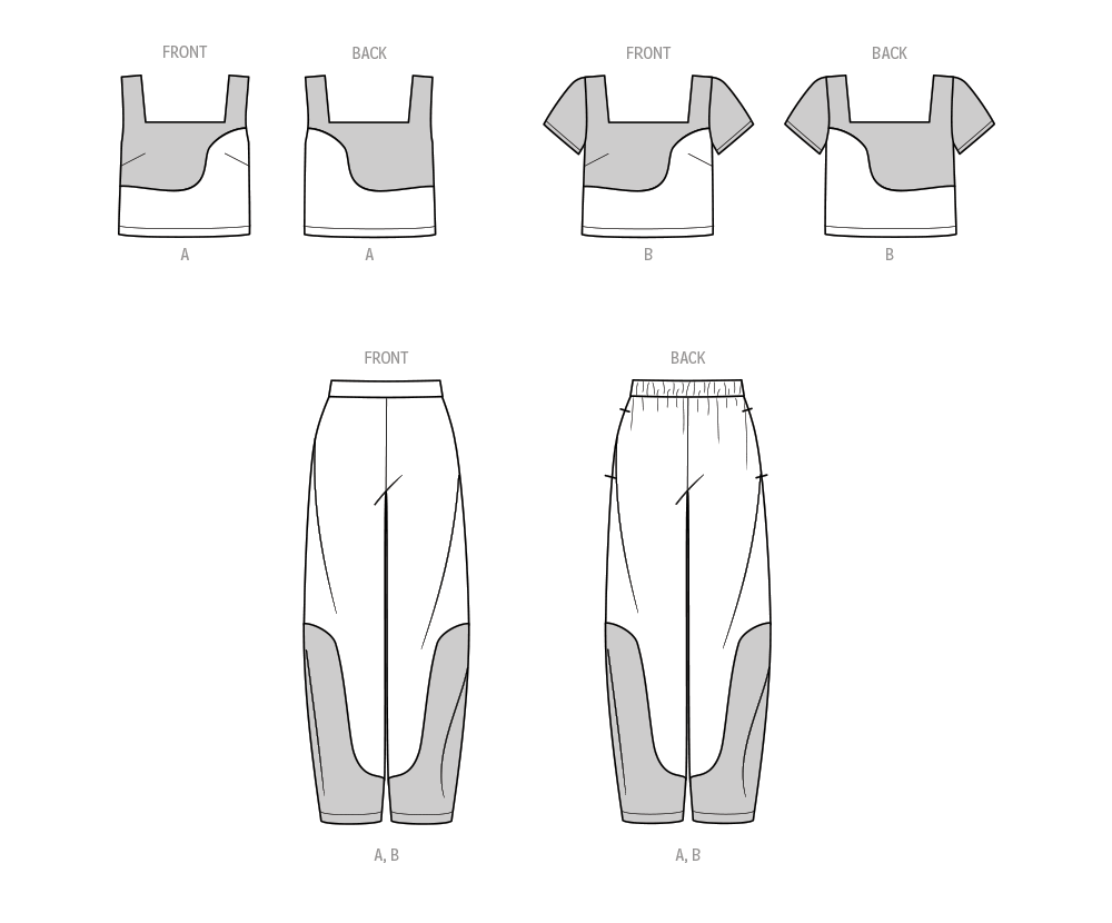McCall's ME2033 sewing pattern envelope showing the crop top and barrel leg trousers designs