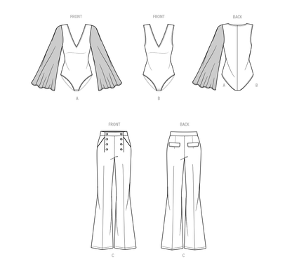 McCall's ME2043 sewing pattern envelope showing the deep v-neck bodysuit designs