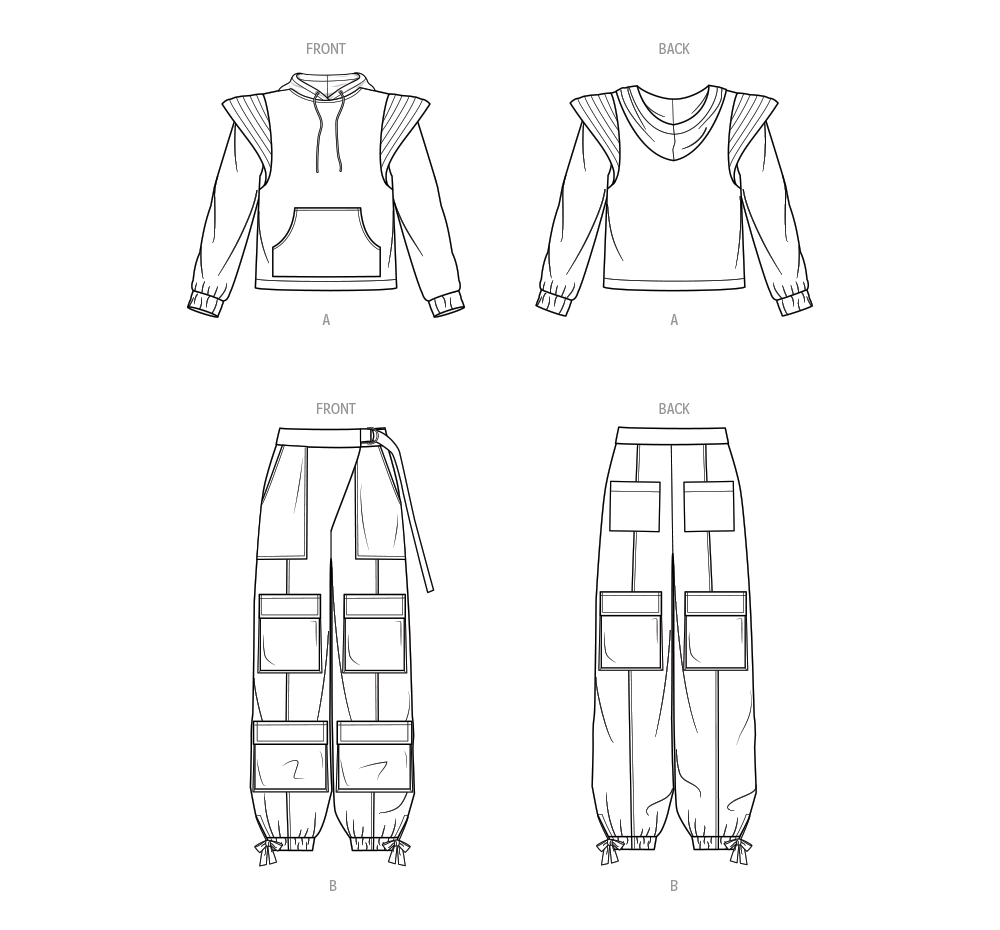 McCall's ME2054 sewing pattern envelope showing the winged shoulder pullover hoodie designs