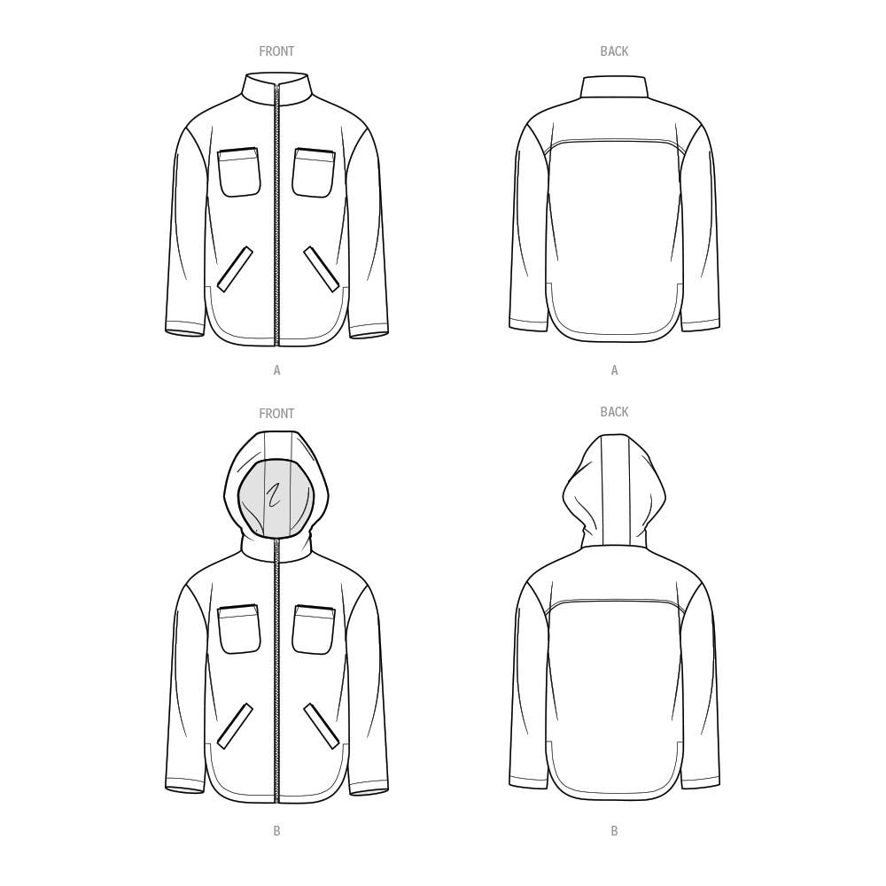 McCall's ME2057 sewing pattern envelope showing the zip front jacket with optional hood designs