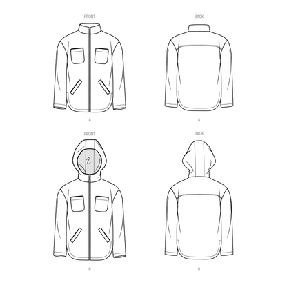 McCall's ME2057 sewing pattern envelope showing the zip front jacket with optional hood designs