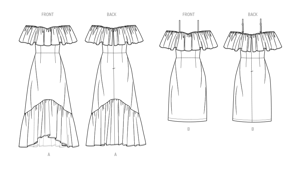 McCall's ME2067 sewing pattern envelope showing the off the shoulder ruffle dress designs