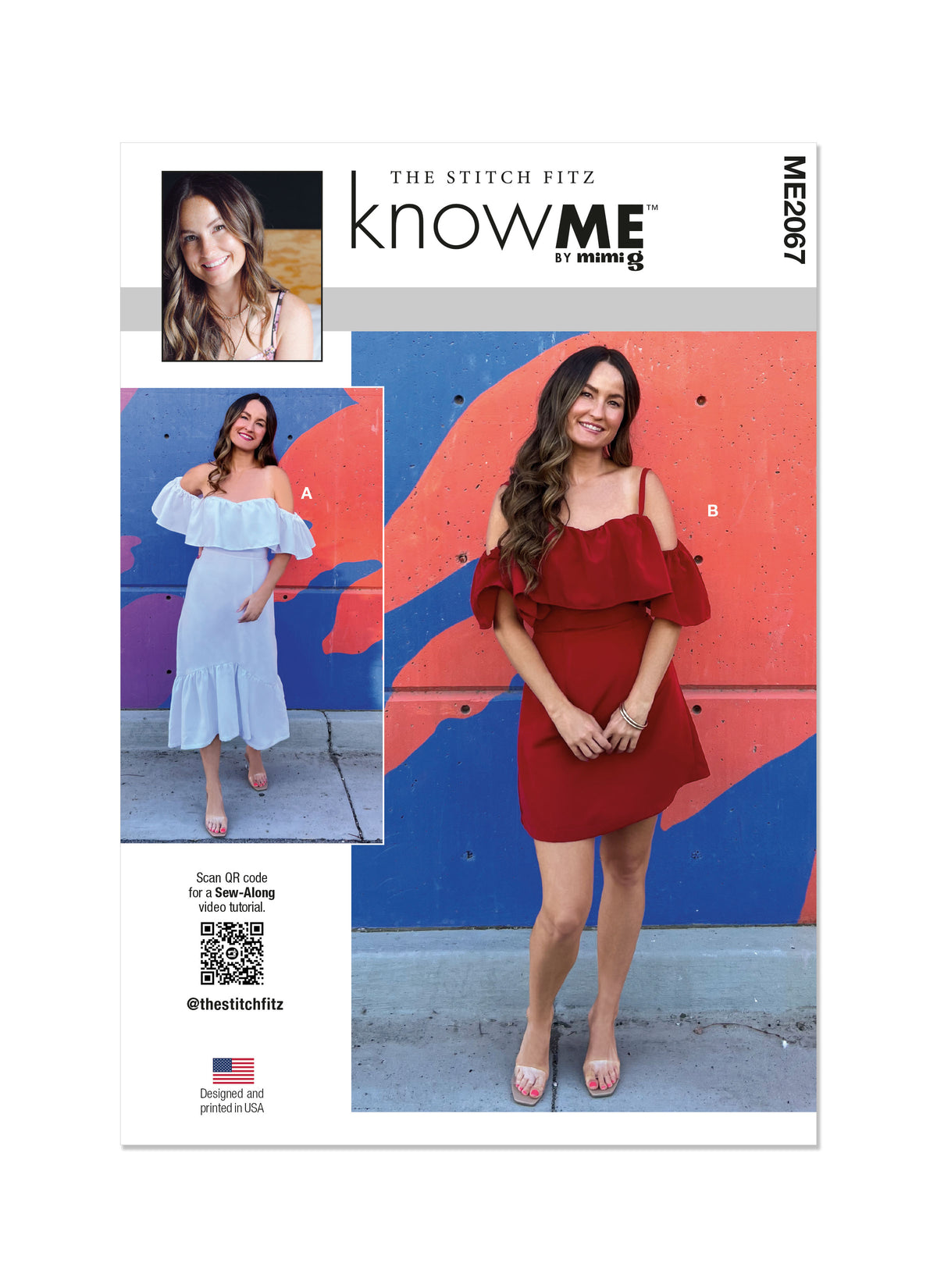 McCall's ME2067 sewing pattern envelope showing the off the shoulder ruffle dress designs
