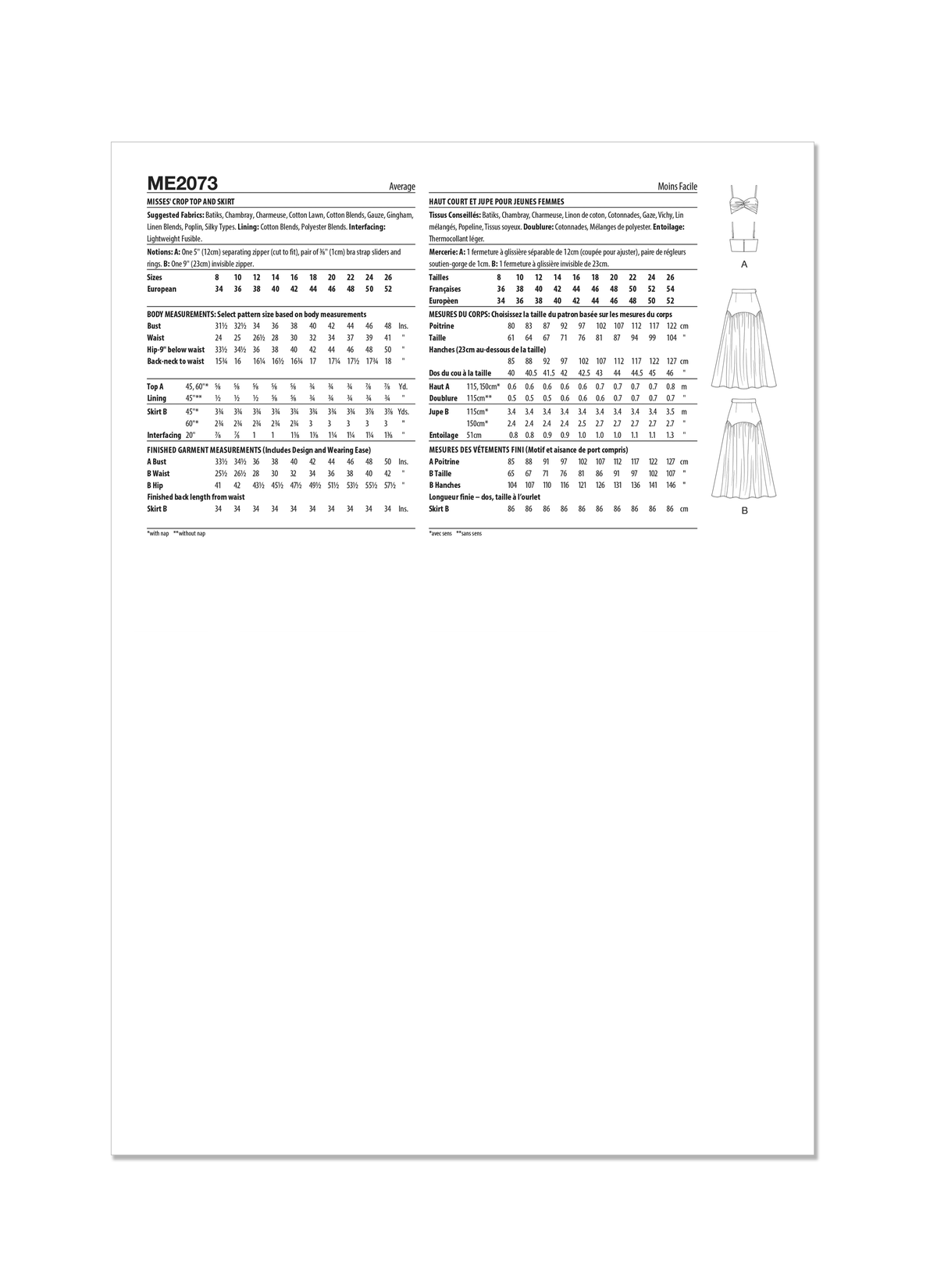 McCall's ME2073 sewing pattern envelope showing the twist front crop top