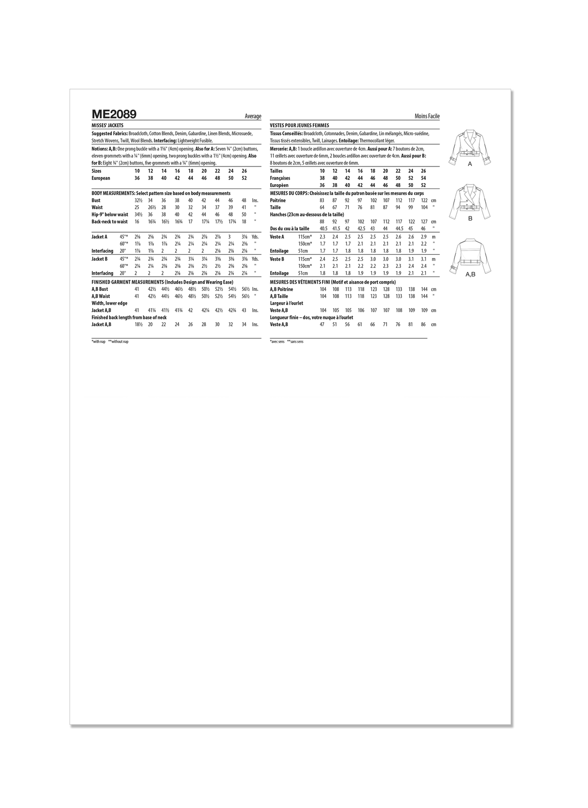 McCall's ME2089 sewing pattern envelope showing the cropped trench jacket