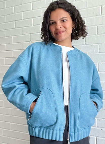 McCall's ME2100 sewing pattern envelope showing the oversized bomber jacket