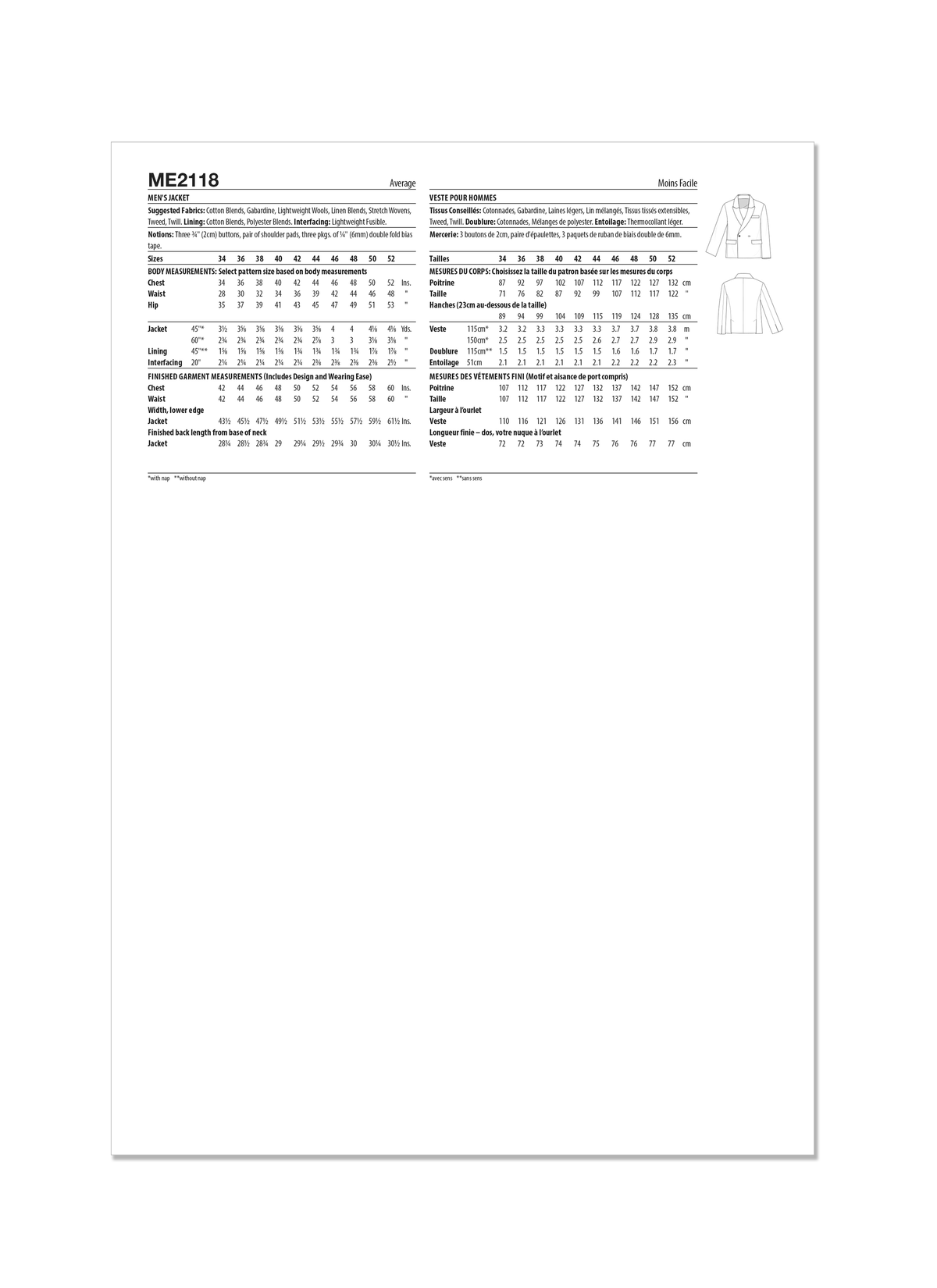 McCall's ME2118 sewing pattern envelope showing men's oversized double-breasted jacket designs