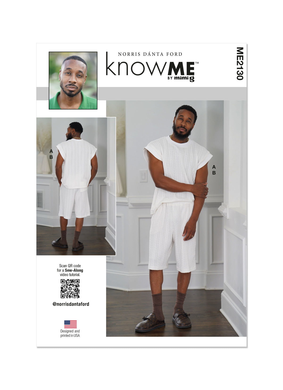 McCall's ME2130 sewing pattern envelope showing men's oversized knit top & shorts designs
