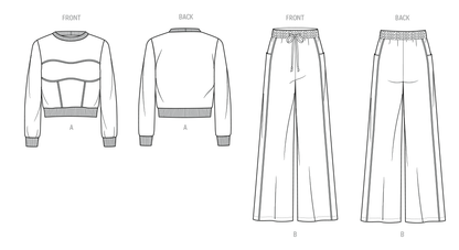McCall's ME2138 sewing pattern envelope showing women's corset style sweatshirt designs