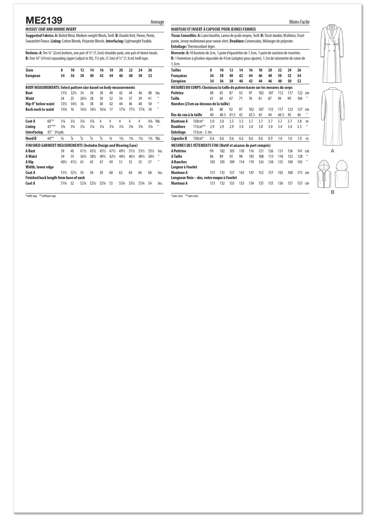 McCall's ME2139 sewing pattern envelope showing women's double-breasted lined coat designs