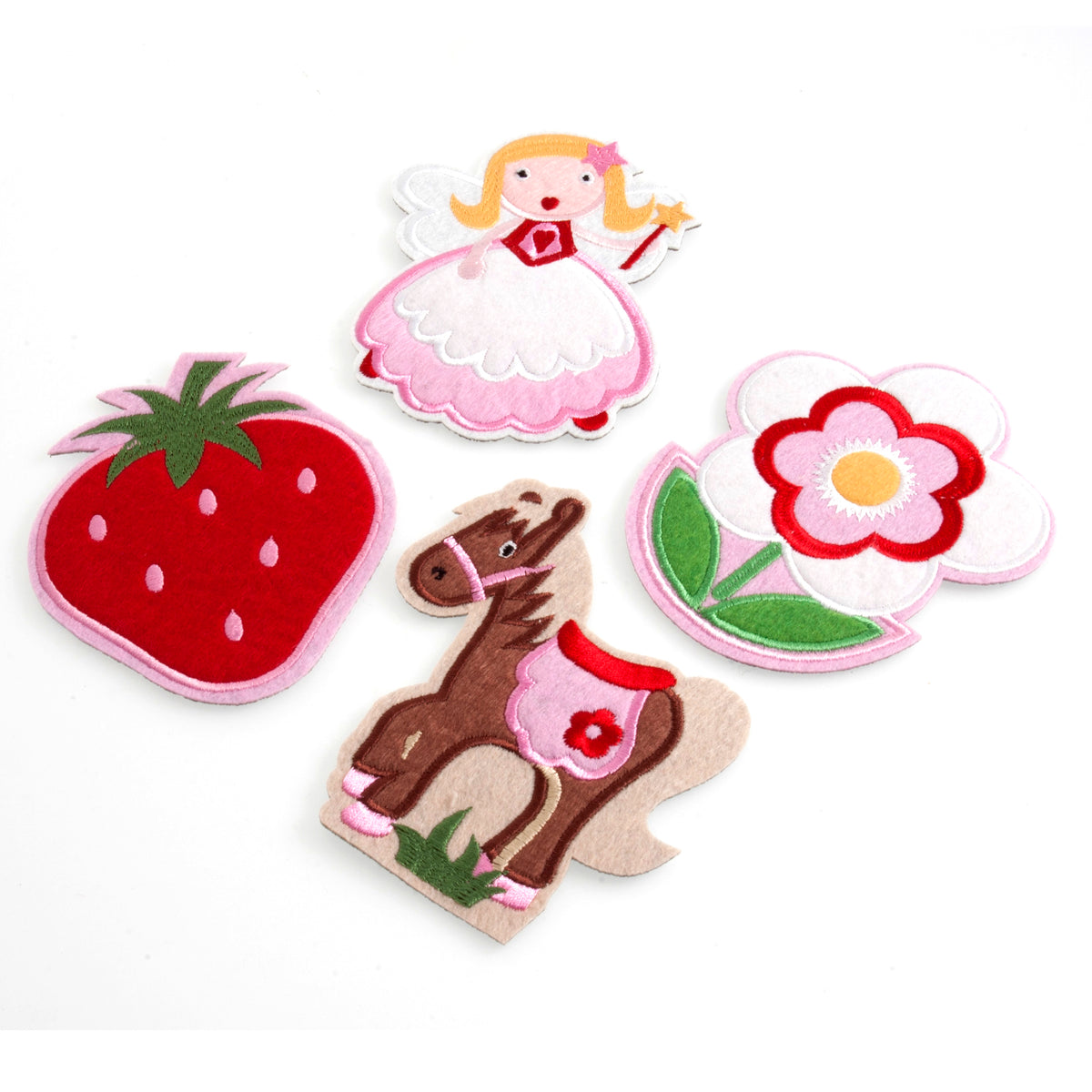 Strip of four felt motifs: flower, fairy, strawberry and pony