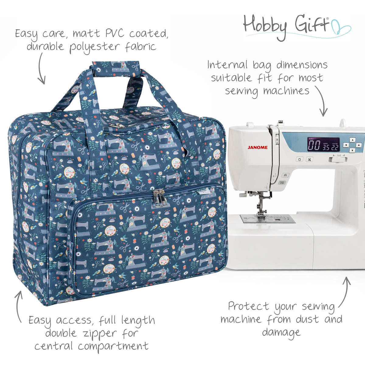 Sewing machine bag with a printed sewing machine pattern