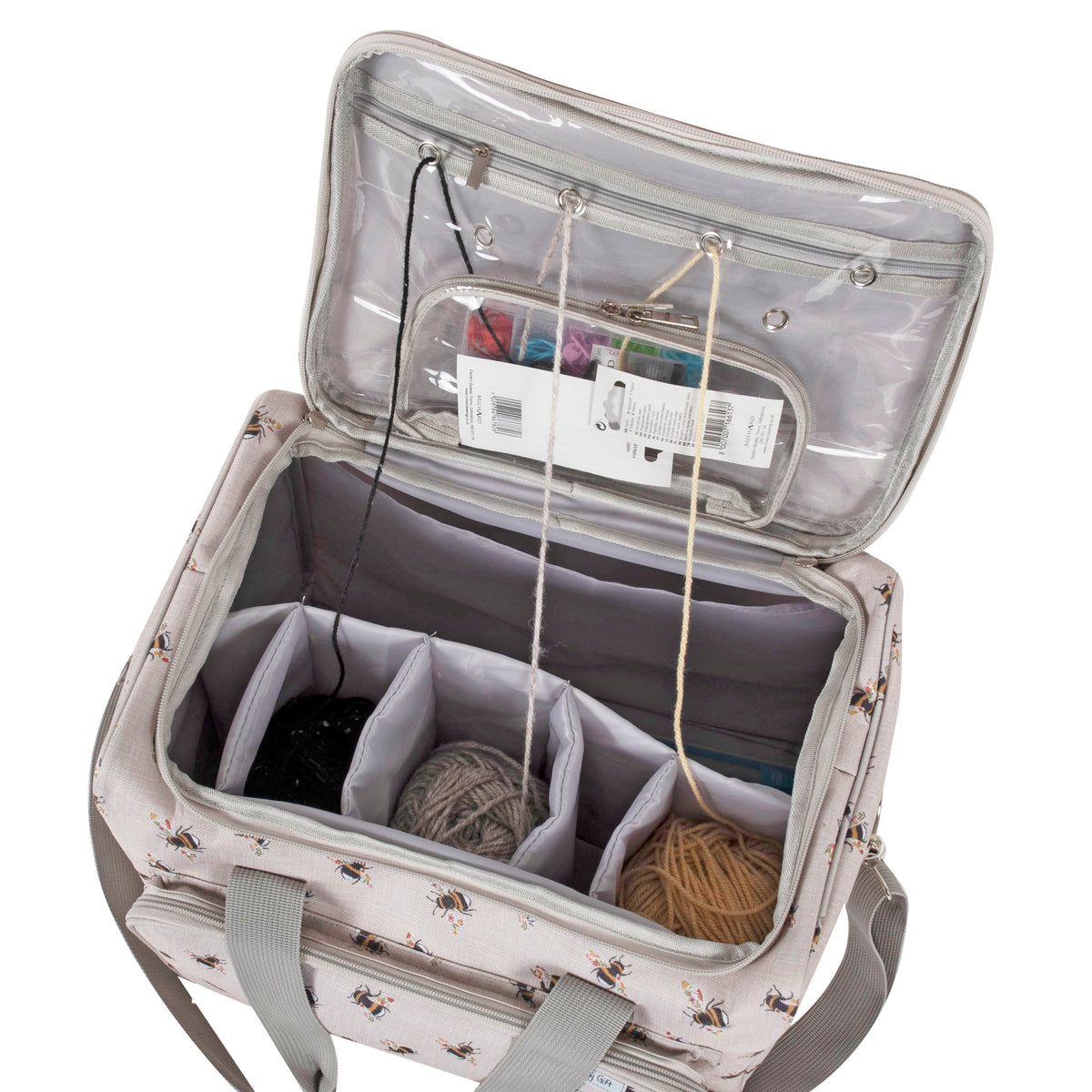 Bee print craft storage bag with clear top